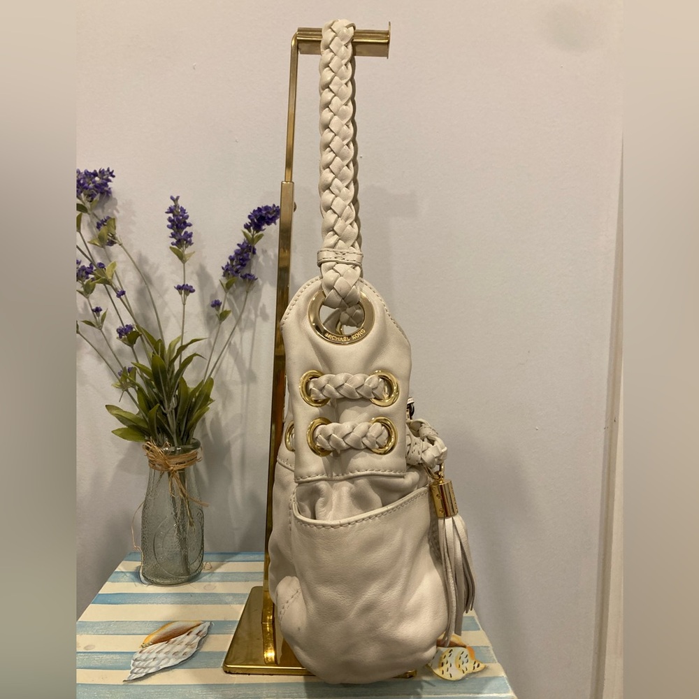 Michael Kors Astor Grommet Satchel Bone Leather Gold Hardware Braided Handle - Picture 4 of 11